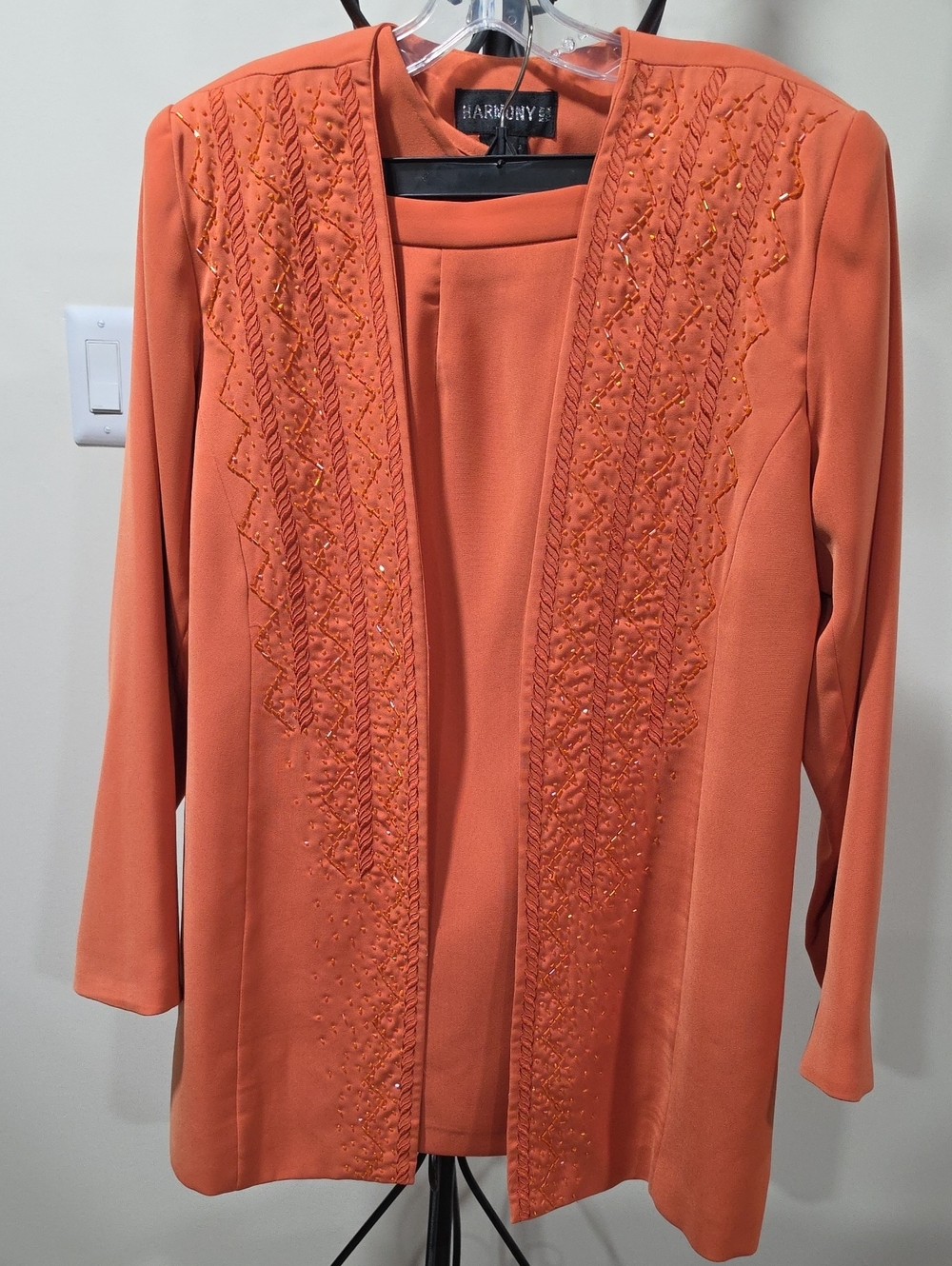 Orange Embellished Open Front Jacket, Shell And Skirt Set.